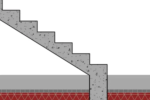 Schematyczny przekrój pokazujący fundament pod schody wewnętrzne. Betonowe stopnie opierają się na solidnej podstawie.