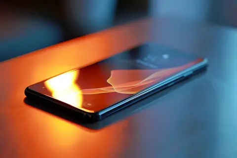 Smartfon z systemem iOS na ciemnym blacie, oświetlony pomarańczowym światłem.