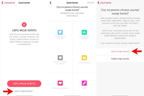 Ekran aplikacji Tinder pokazujący opcje usunięcia konta. Widoczny przycisk "Usuń moje konto" jako krok, jak usunąć konto na Tinderze.