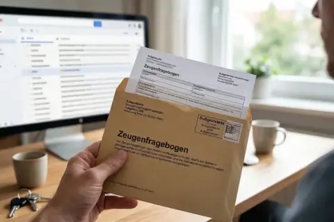 Mann hält einen Zeugenfragebogen in der Hand, der per Post kam. Wahrscheinlich wegen eines Blitzers. Ein Computer mit E-Mails ist im Hintergrund zu sehen.
