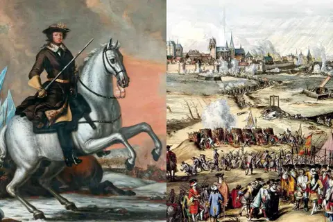 En ryttare på en vit häst till vänster, till höger en strid med en stad i bakgrunden, som påminner om slaget vid Gestilren.
