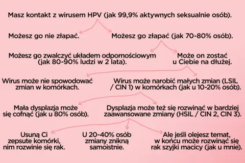 Schemat przebiegu infekcji HPV. Badanie HPV jest kluczowe, by monitorować zmiany i zapobiegać rakowi szyjki macicy.