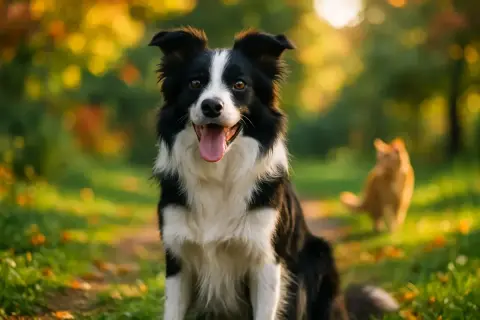 Un border collie attentif, prêt pour l'éducation, observe un chat roux dans un parc ensoleillé.