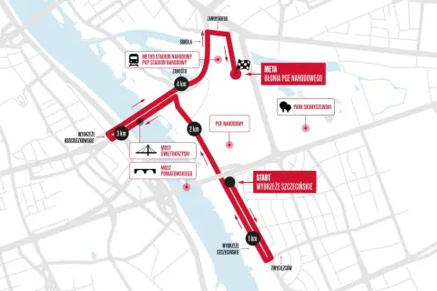 Trasa new balance bieg na piątkę w Warszawie: start na Wybrzeżu Szczecińskim, przez Most Świętokrzyski, obok PGE Narodowego, meta na Błoniach.