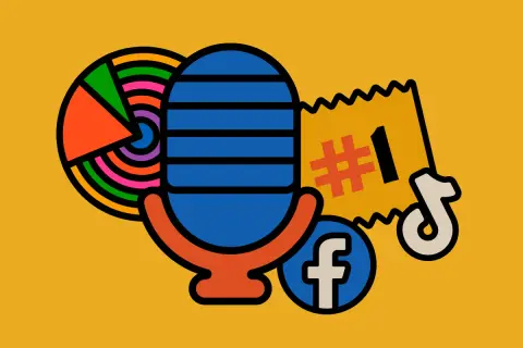Mikroprzedsiębiorca buduje swoją markę: mikrofon, wykresy, #1, Facebook i TikTok.