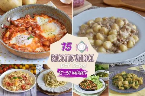 Collage of quick Italian dinner dishes: eggs in tomato sauce, gnocchi, pasta, grilled eggplant, and more.
