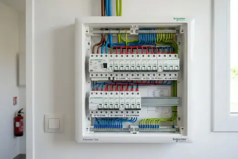 Tableau électrique Schneider avec un câblage ordonné et étiqueté pour chaque zone de la maison.