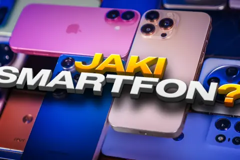 Zbliżenie na stos smartfonów w różnych kolorach, z tekstem "JAKI SMARTFON?".