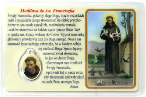 Prosta modlitwa św. Franciszka z Asyżu, ukazująca świętego z gołębiami.