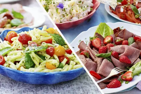 Sommarmat recept: Pastasallad med tomater och basilika, samt rostbiff med jordgubbar och sallad.