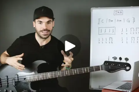 Hombre con bajo explica qué es el ska con un diagrama musical en una pizarra.