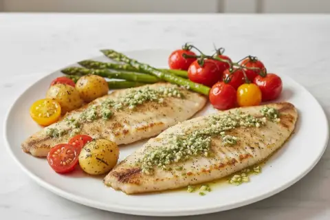 Dos filetes de merluza a la plancha con hierbas, acompañados de patatas pequeñas, espárragos y tomates cherry.