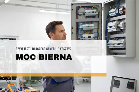 Elektryk zastanawia się nad zagadnieniem mocy biernej, która generuje koszty. Widoczne rozdzielnice elektryczne.