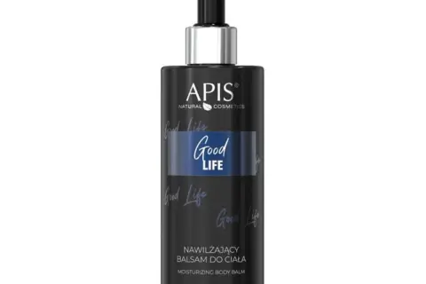 Czarny balsam do ciała APIS z pompką i napisem "Good Life".