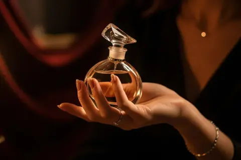 Dłoń trzyma flakonik perfum. W tle świeca i czerwona tkanina. Czy to właśnie takie zapachy lubią mężczyźni?
