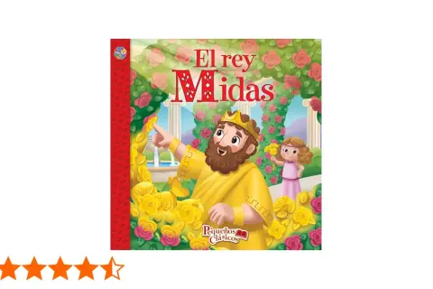 El rey Midas, con su toque dorado, convierte todo en oro. Una niña lo observa, rodeados de rosas y el jardín que él mismo transformó.