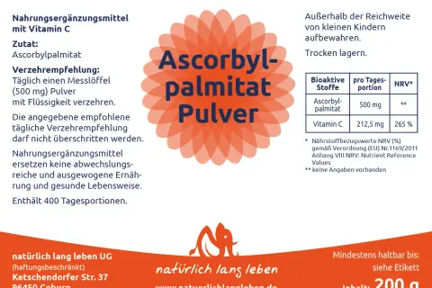 Ascorbylpalmitat Pulver: 500 mg pro Portion. Die Ascorbylpalmitat Wirkung wird hier als Vitamin C-Quelle hervorgehoben. Enthält 400 Tagesportionen.