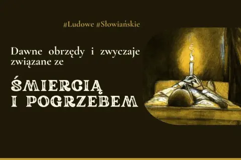 Ilustracja przedstawia postać leżącą w łóżku z zapaloną świecą, symbolizującą dawne obrzędy i przesądy cmentarne związane ze śmiercią i pogrzebem.