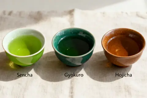 Tre skålar med te: ljusgrönt Sencha, mörkgrönt Gyokuro och brunt Hojicha. Olika te smaker att upptäcka.