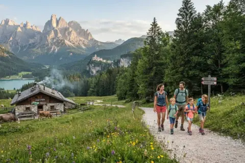 Famiglia in escursione in Trentino, con un rifugio alpino, mucche al pascolo e montagne maestose sullo sfondo.