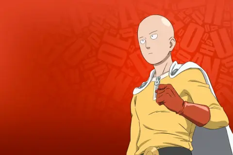 Saitama, der Held aus "One Punch Man Staffel 3", steht bereit. Sein Blick ist ernst, die Faust geballt.