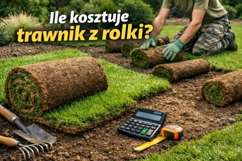 Rolki trawy na ziemi, obok kalkulator i miarka. Zastanawiasz się, ile kosztuje trawa z rolki?