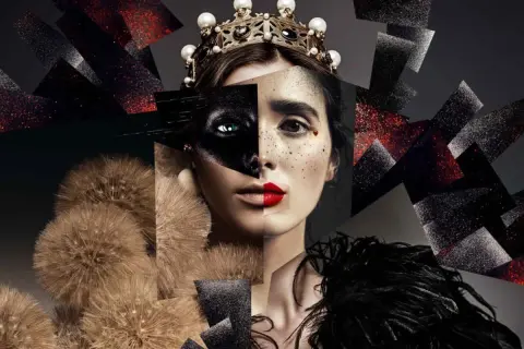 A queen's face, split and reimagined, shows how to make a good collage with dandelions, feathers, and glittery shards.