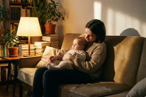 Kobieta tuli dziecko na kanapie, w tle regał z książkami i lampa.