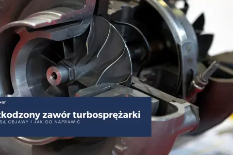 Przekrój turbosprężarki z widocznym wirnikiem i elementami zaworu upustowego.