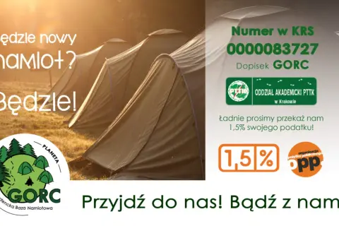 Namioty na tle zachodzącego słońca. "Będzie nowy namlot? Będzie!" - zaproszenie do GORC, studenckiej bazy namiotowej.