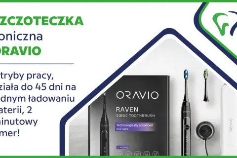 Szczoteczka soniczna ORAVIO z akcesoriami: opakowanie, ładowarka, szczoteczka i końcówki.