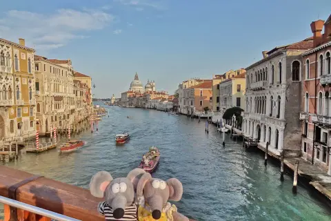 Deux peluches souris regardent le Grand Canal à Venise. Une idée de que faire à Venise : une balade en vaporetto !