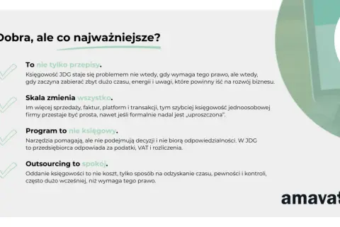 Księgowość JDG: od przepisów po rozwój firmy. Zobacz, jak outsourcing zapewnia spokój i kontrolę nad finansami w jednoosobowej działalności gospodarczej.