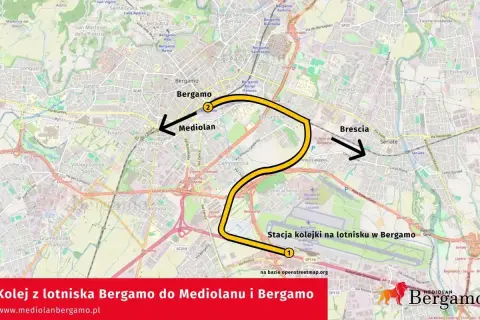 Mapa pokazuje trasę kolejową z lotniska Bergamo do Mediolanu i Bergamo.