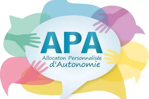 Logo APA : Allocaton Personnalisée d'Autonomie. Un plan d'aide personnalisé pour personne âgée, symbolisé par des mains bienveillantes et des bulles de dialogue colorées.