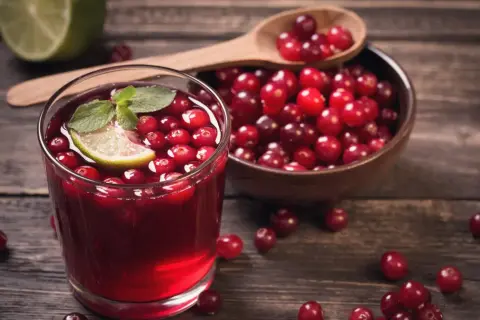 Orzeźwiający syrop z żurawiny z plasterkiem limonki i miętą w szklance, obok miseczka pełna owoców.