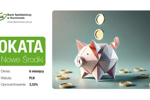 Papierowa świnka skarbonka z monetami symbolizuje lokatę na nowe środki. Oprocentowanie 3,33% na 6 miesięcy.