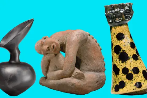 Three famous ceramic pieces: a dark, sculptural vase; a terracotta figure of a person embracing another; and a yellow vase with black polka dots.