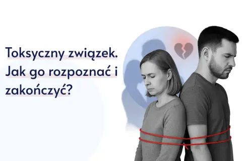Para spięta czerwoną liną, symbolizującą toksyczną miłość. Złamane serce w tle.