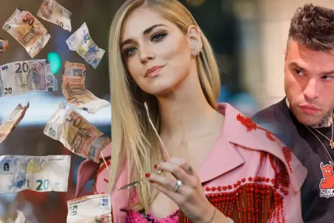 Chiara Ferragni i Fedez w otoczeniu lecących banknotów euro, symbolizujących największe skandale z udziałem zawodników podejrzanych o oszustwo.