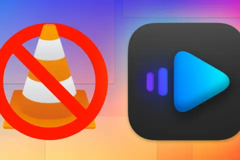 IINA vs VLC: A red circle with a diagonal line crosses out a traffic cone, symbolizing VLC. To its right, the IINA media player logo is displayed.
