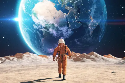 Samotny astronauta na Księżycu podziwia Ziemię.