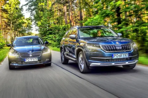 Dwa modele Skoda SUV jadące leśną drogą.