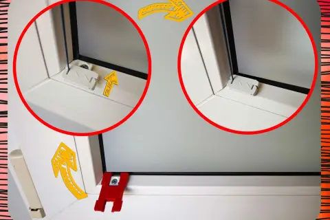 Szczegóły montażu rolety plisowanej: uchwyty mocujące przy ramie okna, strzałki wskazują kierunek instalacji.