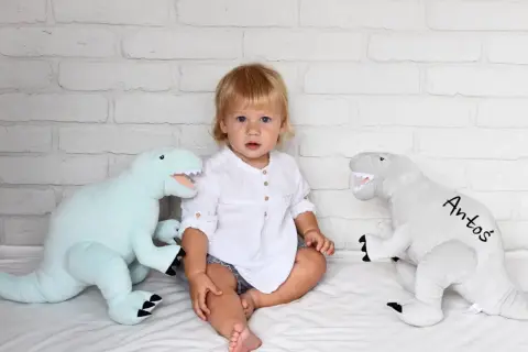 Małe dziecko siedzi między dwoma pluszowymi dinozaurami. Jasnoniebieski dinozaur po lewej i szary dinozaur z imieniem "Antoś" po prawej. Te przytulanki dla dzieci wyglądają na miękkie i zapraszające.