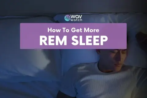 A man sleeps peacefully in bed, with text overlaying the image: "How To Get More REM SLEEP".