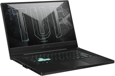 Czarny laptop ASUS TUF z podświetlaną klawiaturą i logo TUF na ekranie.