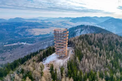 Dzikowiec wielki, drewniana wieża widokowa na wzgórzu, otoczona lasem i górami.