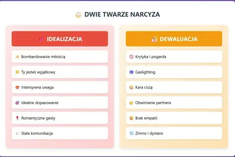 Dwie twarze narcyza: idealizacja (bombardowanie miłością, uwaga) i dewaluacja (krytyka, gaslighting, brak empatii).