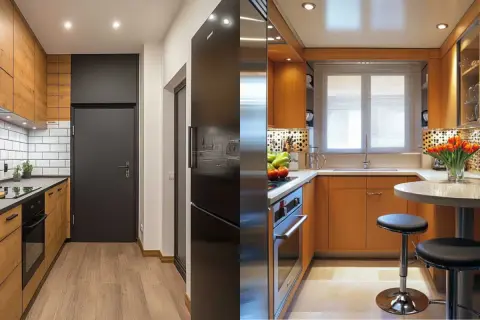 Cucina moderna con mobili in legno chiaro, piano di lavoro grigio e piastrelle bianche. Ottime idee cucina per spazi funzionali.